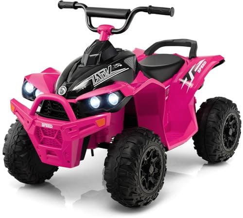 COSTWAY 12V Electric Kids Quad Bike, Battery Powered Ride on ATV with Horn, Music, Headlights, Forward/Backward Functions, for Boys and Girls Aged 3-8 Years (Pink)