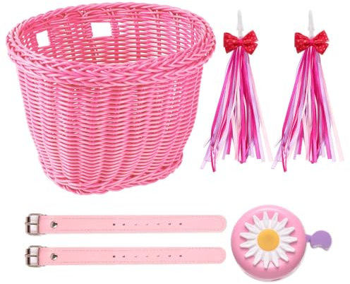 SVNR Kinder Fahrradkorb,Laufrad Korb Kinder,Fahrradkorb Geflochten aus Kunststoff-Rattan für Jungen und Mädchen, Einfach zu montieren,weich und formbar,mit Lederriemen, Klingel,Luftschlangen,Rosa