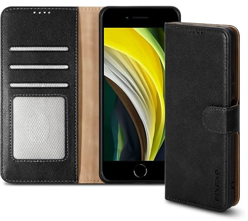 for Apple iPhone 7/8 / SE Case with 2 x Screen Protector Tempered Glass, Leather Wallet Phone Case, Magnetic Book Flip Folio Cover [RFID Protection & Card Slots] and [Kickstand] - Black