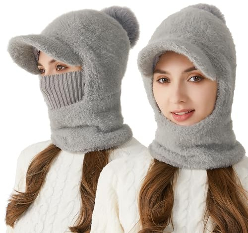 TAGVO Winter Strickmütze für Damen und Mädchen, Einteilige Warme Kapuzenschal-Mütze, Weiche Dicke Fleecegefütterte Sturmhaube, Winddichter Nackenwärmer und Ohrenschutzkappe für Outdoor-Sportarten