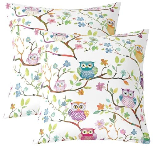 Loussiesd Nette Eule Kissenbezüge 40x40cm 2er Set Kissenbezüge Zwillingsgröße Tier Eule Floral Kissenhülle für Home Sofa Regenbogen Karikatur Eule Kissenhülle Botanische Weiche Dekokissen