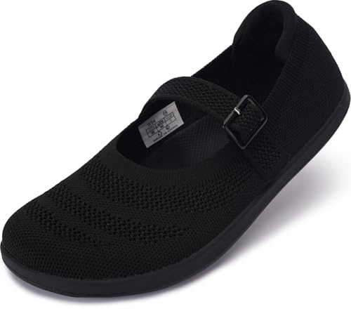 WHITIN Barefoot Mary Jane Flats for Women Wide Toe Box Shoes Minimalist Zero Drop Sole Size 9 Dress Knit Ballerina Ballet Lightweight Walking Wedding Black 40