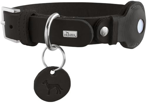 HUNTER Hundehalsband VIBORG mit Halter für Apple AirTag, Farbe: schwarz, Robustes & weiches Rindsleder, integrierte AirTag-Halterung, hochwertig, Made in Germany, Größe: 55