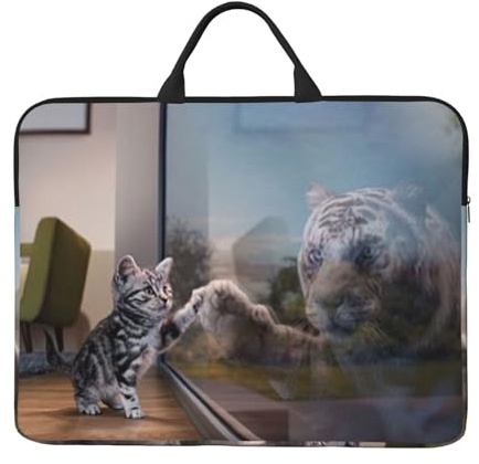 Laptop-Hülle mit Griff, Motiv: Katze und Reflexion, Tiger, 35,6 cm (14 Zoll), tragbare Computertasche, Laptoptasche mit Reißverschluss