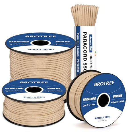 Brotree 550 Paracord 4mm 30m Schnur 100% Polyester Seil Reißfest Typ III 7 Kern für Armbänder, Basteln, Outdoor, Camping, Survival - Khaki