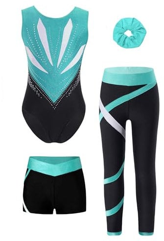 Miutii 4tlg.Mädchen Turnanzug Glitzer Gymnastikanzug mit Shorts Hose und Haargummi Ärmellos Ballettanzug Gymnastik Leotard Eislaufen Tanzkostüm A Blau Grün 122-128