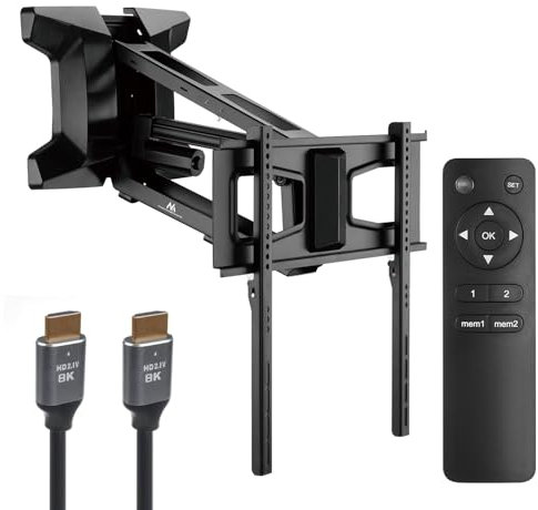 Maclean Supporto da parete per TV elettrico da 37-70, con telecomando e cavo HDMI 2.1a, 3 m, regolazione dell'altezza, per montaggio sopra il camino, max. VESA 600 x 400, fino a 35 kg, MC-891