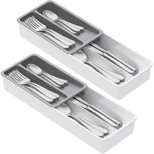 Lifewit Lot de 2 range-couverts compacts pour tiroir - 42 x 14,5 x 6 cm - 4 compartiments - Panier à couverts - Tiroir à couverts - Organiseur de couverts pour cuillères, fourchettes, couteaux, blanc