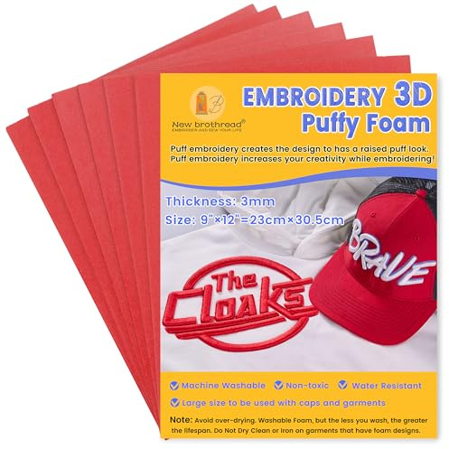New brothread - 6PCS Stickschaum Schaumstoffplatten 9″x12″ (23cmx30.5cm) Große Größe 3MM Dicke Erstellen 3D-Stickerei-Effekt für Kappen, Kleidung, Jacken, Taschen, Rucksäcke und mehr -Rot