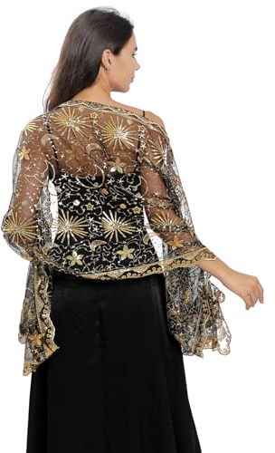 Makroyl Women's Sequin Shawls Wraps For Evening Dresses Female Sparkly Sheer Mesh Wedding Scarf Capes Shrugs For Bolero Evening Party (A-Black Gold)