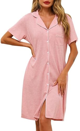 Lovasy Camicia da Notte in Cotone Donna Estiva Manica Corta Abito da Notte Allattamento con Scollo a V Pigiama Vestaglia Bottoni Davanti con Tasche