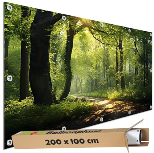 TRIOSK Sichtschutz Balkon Deko Plane Balkonblende Blickdicht mit Motiv Wald Waldweg Baum Weg für Garten Terrasse Gartenzaun Balkonverkleidung Blickschutz PVC groß 200x100 cm