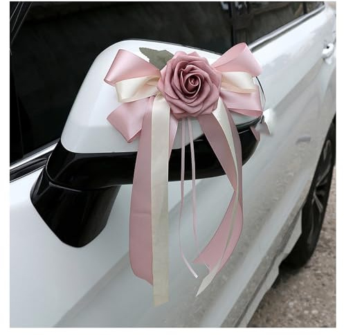 BrightGlow Lot de 4 nœuds de voiture pour rétroviseur, décoration de voiture de mariage, décoration faite à la main, pour décoration de mariage, rose