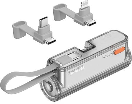 SHARGE Flow Mini 2 Power Bank, Portable Charger 22.5W PD Fast Charging with Dual Plugs and Built in Cable 5000mAh Small Battery Pack USB-C Lightning for iPhone 16/15/14 Galaxy S25 AirPods Switch