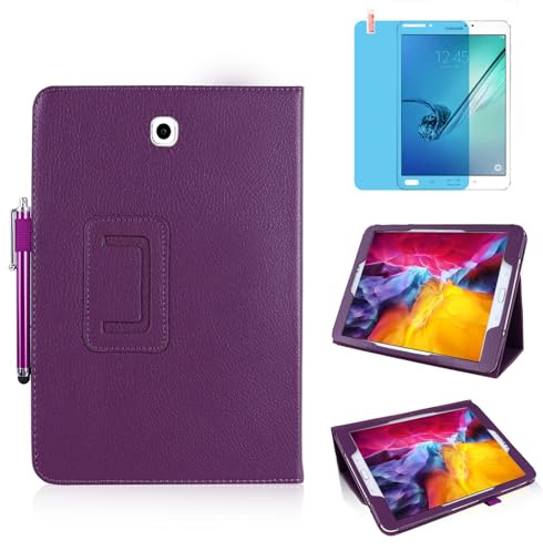Custodia per Samsung Galaxy Tab S2 8.0 Inch 2015 (SM-T710 T713 T715 T719),Sottile Pelle Multi-angli Stand Protezione totale Tablet Cover Caso Con Penna Stilo, Pellicola Per Schermo (Purple)