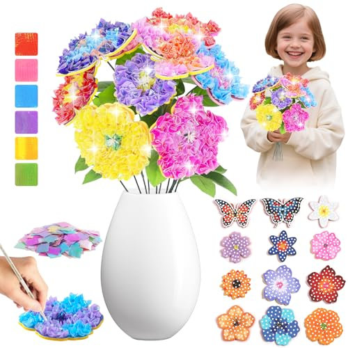 Bastelset Kinder ab 6-4-5 Jahre, Basteln Mädchen 7 8 9 10 Jahre, Geschenke für Mädchen Spielzeug Bastelkoffer Blumenstrauß mit Pailletten Kreativ Set für Kindergeburtstag Geburtztag Muttertag Geschenk