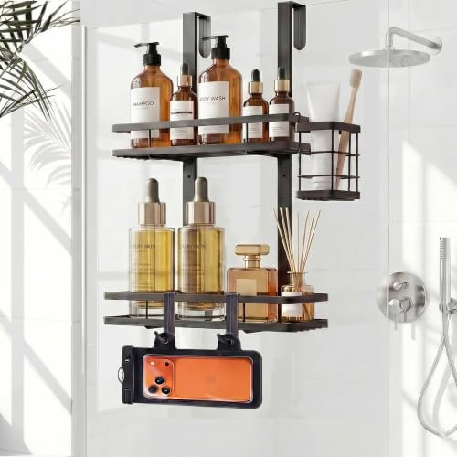 WEYALLE Over the Door Shower Caddy Hanging, Rustproof Shower Shelves with Waterproof Phone Pouch, 2-Tier Adjustable Bathroom Organizers and Storage, No Drilling Shower Shelf, Black Shampoo Soap Holder