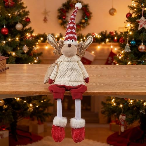 Dedrian11 Rentier Regalsitzer Deko 60 cm – Lange baumelnde Beine, rot-weißes Design, formbar, Strickpullover, beschwerter Boden