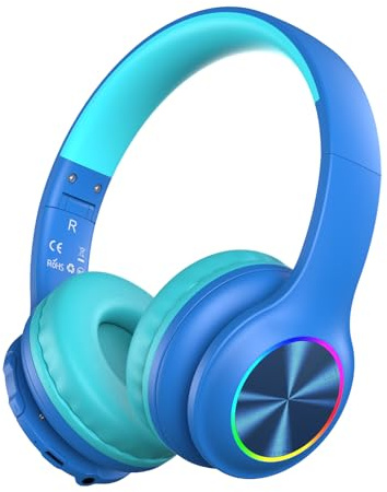 Upgrade 6.0 Bluetooth Kinder Kopfhörer,Kabellose Kinderkopfhörer mit LED-Leuchten,85 Stunden Spielzeit,85/94 dB Lautstärkebegrenzung,Faltbar,eingebautes Mikrofon,Kabel-und TF-Kartenmodus,Blau