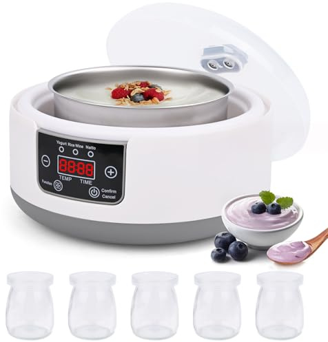 Euakee Yogurtiera, Yogurtiera Elettrica, 5 Vasetti in Vetro 100 ml, per Fino a 1,2L di Yogurt Fatto in Casa, Termostato Regolabile e Display Digitale, per Preparazione Domestica di Yogurt e Natto
