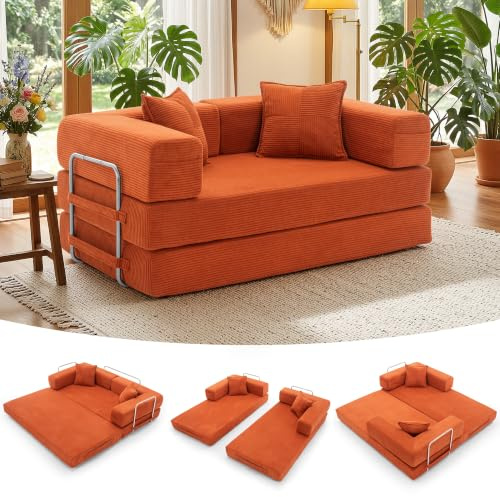 YINIX 5-in-1 Cordstoff Schlafsofa, Faltbares 2-Sitzer (Terrakotta, 160 cm Breit)