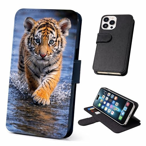 Speaking of Gifts Tiger Cub Wallet Phone Case Flip Cover Compatible with iPhone SE 7 8 X XR 11 12 13 14 15 16 17 Plus Mini Pro Max – Faux Leather Animal Print, Big Cat, Shockproof Magnetic Clasp Case