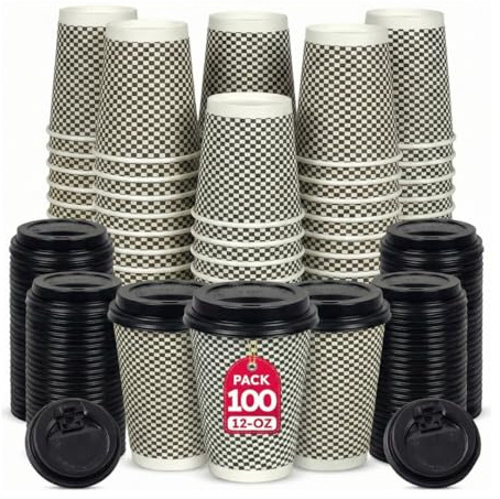 CR Snacking 12oz Disposable Coffee Cups with Lids, Black Ripple, 100 Sets | 100 black ripple paper cups with 100 matching lids; 12oz/340ml insulated hot drink cups for cafés, catering and takeaway