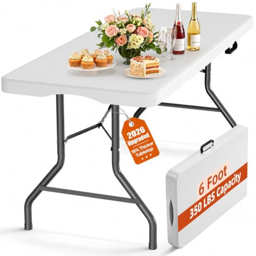 Harigal Folding Table 6FT 350 LBS Heavy Duty Foldable Table with 18% Thicker HDPE Waterproof Top, Portable Fold in Half with Handle, Reinforced Steel Frame for Indoor Outdoor Party Events