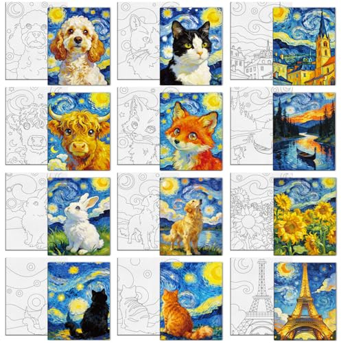 MAYJOYDIY 12 Stück Nachthimmel Tiere Vorgezeichnete Leinwand zum Malen | 25x20cm, Sonnenblumen Vorbedruckte Leinwand für Erwachsene, Stadt Wahrzeichen Malerei Kunstzubehör für Anfänger Geschenke