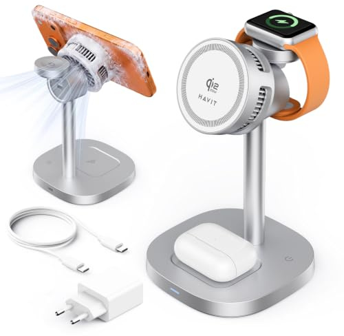 Qi2.2-25W MagSafe Ladestation, 3-in-1 kühlung tischladestation für iPhone | ladestation Apple Watch und iPhone, Wireless Charger für iPhone 17/Air, Airpods,induktive ladestation Samsung S26/S25