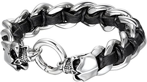 Cupimatch Totenkopf Leder Armband Herren Edelstahl Punk Rock geflochten Manschette Kordelkette Armband mit Totenkopf Schädel Ring Panzerkette, silber schwarz