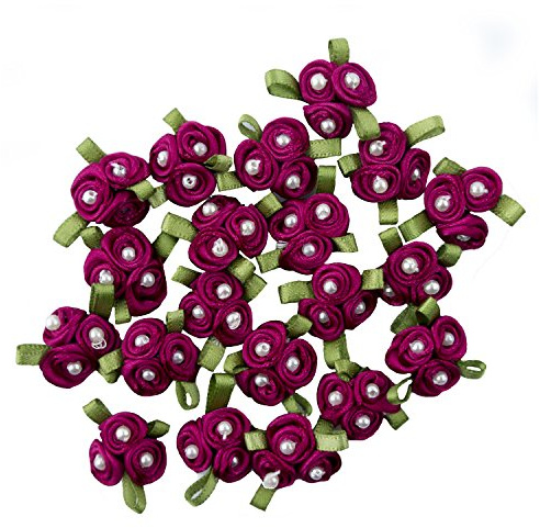 HAND Pretty 3 Pearls Burgundy Ribbon Roses Trims for Clothing and Accessory Embellishment - Pack of 20