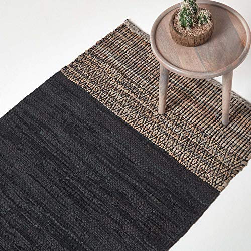 Homescapes Lederteppich schwarz-braun 90x150 cm, Teppich handgewebt mit Ethno-Muster aus recyceltem Echtleder, Flachgewebe mit natürlichem Look