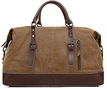 iRepie Reisetasche Weekender Multifunktion Umhängetasche Handgepäck Schultertasche für Wochenende aus Canvas PU Leder Retro Sporttasche Travel Bag Canvas Bag Unisex Holdall (Braun)