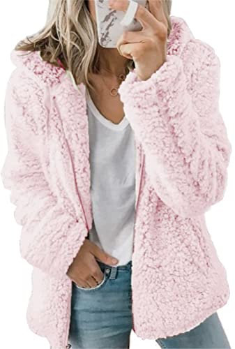 Onsoyours Damen Warm Fleecejacke Winter Mantel mit Großem Kragen Winterjacke Warm Teddy Fleece Plüschjacke Langarm Dicke Jacke Outwear mit Taschen Rosa 40