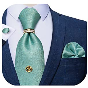 DiBanGu Herren-Krawatte aus Seide, goldfarben, Krawattennadel mit Kette, goldener Krawattenring, Einstecktuch, Manschettenknöpfe, Geschenkbox, formell, 20 Salbeigrün, 59