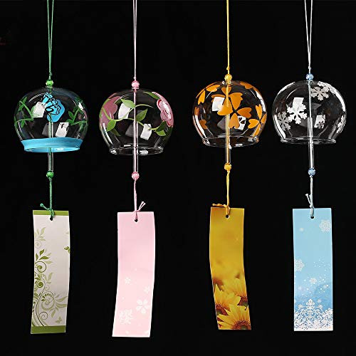 Falytemow 4 pièces Carillon à vent japonais romantique cerises petites cloches fait à la main en verre style japonais pour cadeau d'anniversaire, décoration d'intérieur