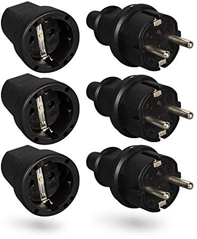 HEITECH 3 conectores macho y 3 conectores hembra eléctricos de goma – Juego de enchufes macho y hembra con protección anticurvatura, negro, 250 V, 16 A, IP20 para uso interior – Enchufe eléctrico