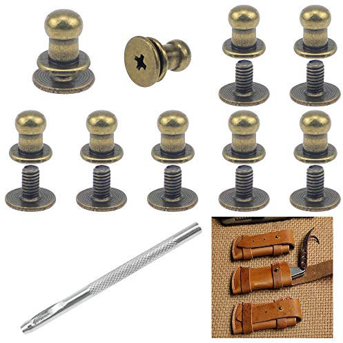 SRunDe 60 Sets 5mm Solid Brass Round Head Stud Screw Rivets Sam Browne Studs Leather Chicago Screws Rivets Round Head Button Stud Screws with Hole Puncher Post Fastener for DIY Repair Leather Craft