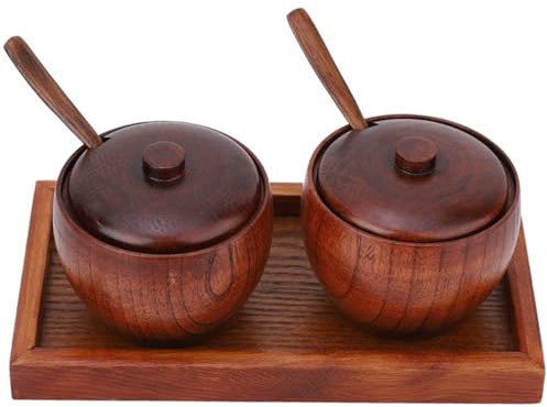 HERCHR Salt and Sugar Container Set, Vintage Wooden Spice Jar Sugar Pot Seasoning Box with Spoon Lid and Tray for Home Kitchen
