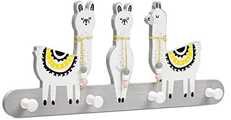 Navaris Kinder Garderobe aus Holz - Garderobenleiste mit 4 Kleiderhaken - Alpaka Design Hakenleiste für Mädchen und Jungen - Wandgarderobe