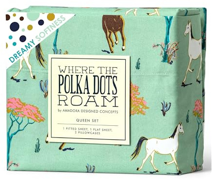 Where the Polka Dots Roam Juego de Ropa de Cama de Caballo, sábanas de Animales Estilo Granja Occidental para niños, niñas, Incluye 1 sábana Bajera, 1 sábana encimera, 1 Funda de Almohada, Estampado