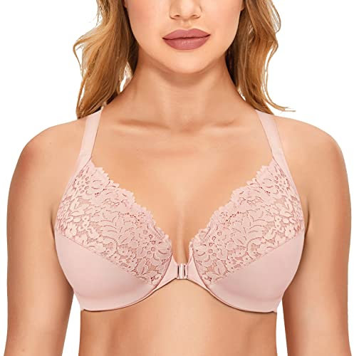 DELIMIRA Damen Vorderverschluss BH mit Bügel Vollständige Abdeckung Große Größen Rose rauchte 105G