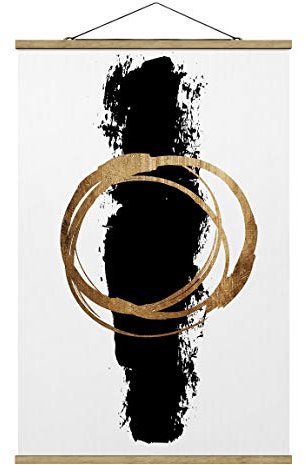 Stoffbild mit Posterleisten - Abstrakte Formen - Gold und Schwarz 53.5cm x 35cm Eiche