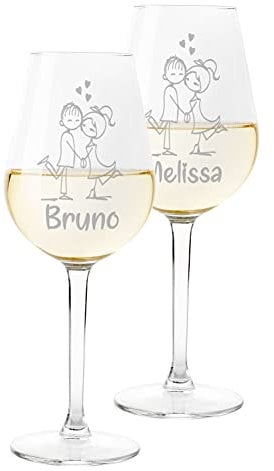 Colorfamily Coppia Calici Personalizzati Set da 2 calici Vino Personalizzati con Nome Innamorati Disegno - Bicchiere in Vetro 500 ml
