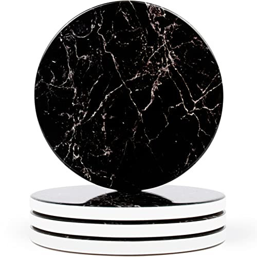 Ensemble de 4 sous-Verres en marbre par Naivasha Homeware - sous-Verres en céramique Finition Brillante | sous-Verres en Pierre avec Fond en liège antidérapant pour Tasses et Verres | Black Marble