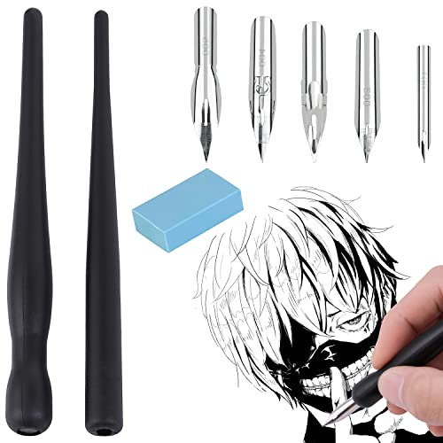 NOCHME Kit de 2 Stylos à Plume, Porte-stylos Manga Pointes Calligraphie, Gomme - Pour Artistes, Débutants, Lettrage, Croquis, Peinture Manga, Noir