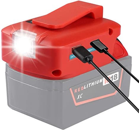 Battery Adapter Converter for Milwaukee M18 Lithium Ion Battery, Type C USB Phone Charger for Milwaukee 18V Cordless Power Source with DC Port & Flashlight