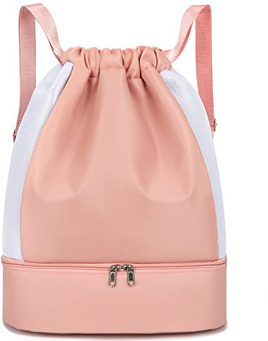 Keyck Turnbeutel Kordelzug Daypack, Wasserdicht Rucksack mit Schuhfach & Nassfach, Groß Sportbeutel für Damen Herren Teenager, Gym Tasche Trainingstasche für Sport Reisen Schwimmen Fußball, Rosa