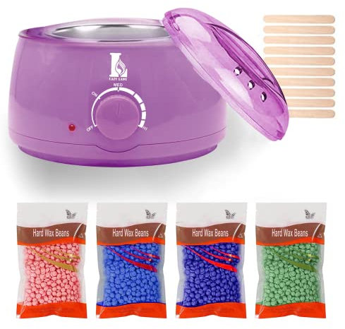 LAZY LADY Cera depilatoria calda, riscaldatori kit depilazione, 4 x 100 g, 20 spatole viso braccia ascelle gambe (Conjunto Morado)